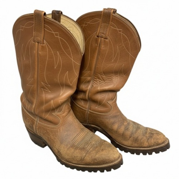 Tony Lama Cowboy Boots Mens 10 D Brown Leather Stitched Design Western Vibram